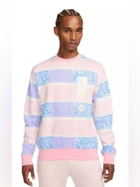Nike Men's Sportswear Club Fleece Trippy Safari Crew Sweatshirt - Pink/Blue - M